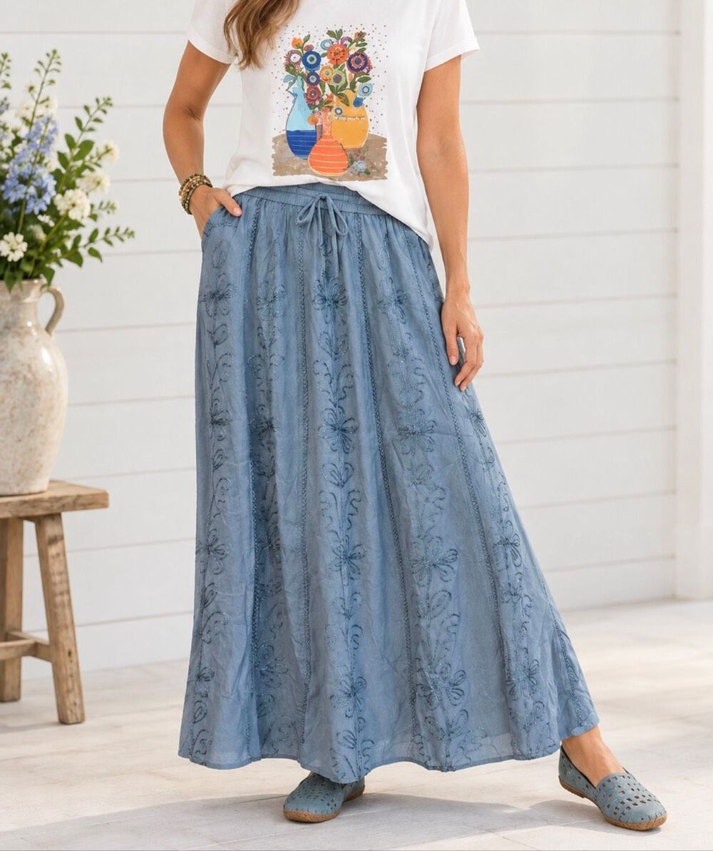 Pyramid Collection Embroidered Floral Drawstring Chambray Maxi Skirt Boho M NEW